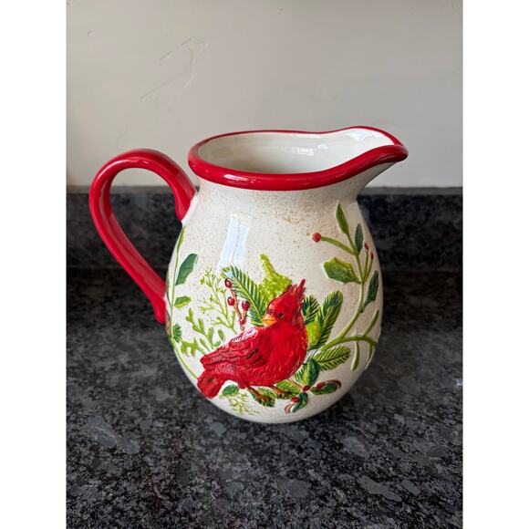 Noble Excellence Cardinal Earthenware Christmas Porcelain 8" Pouring Pitcher - Picture 3 of 6